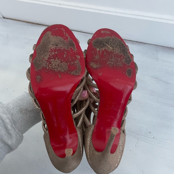 Christian Louboutin Gold/Brown Textured Suede Open-Toe Strappy Cage Sandals - Picture 10 of 12